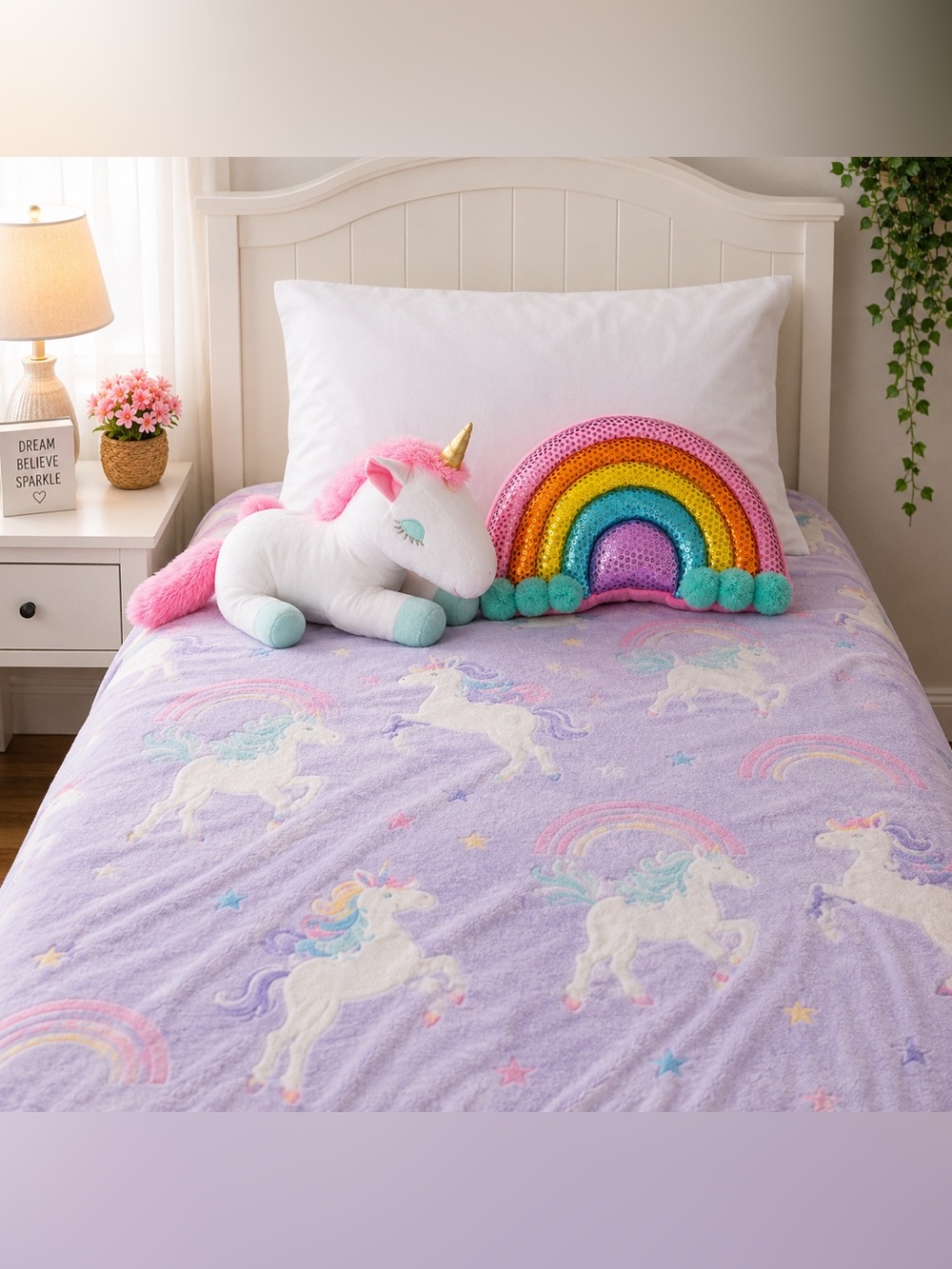 Unicorn Rainbow Throw Blanket Plush & Sequin Pillow 3 Piece Girls Bedroom Set
